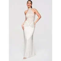OMBRE Abendkleid Maxikleid Abendkleid mit Spitze Elegant Ecru S (kein Set, 1-tlg) Koronkowy panel, geraffter Hüftbereich, offene Schultern und Rücken