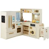 COSTWAY Spielküche Holz, Eck-Spielküche mit Doppeltür-Kühlschrank, Mikrowelle