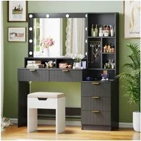 Furnicopia Schminktisch Einstellbare LED-Beleuchtung Fünf Schubladen und sieben Staufächer (Abmesungen 114x 40 149 cm Der Schminktisch verfigt ber zwel europalsche Steckdosen, enen USB-Anschluss, enen Typ-C-Anschluss und zwoif Schmuckhaken)