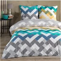 Buymax Bettwäsche Larinda, 100% Baumwolle Renforcé, 2 teilig, 155x220 cm mit Reißverschluss, Bettbezug-Set, gestreift Gelb Grau Blau