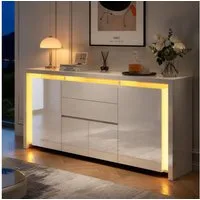 Simurq Kommode Weiß Hochglanz Sideboard Modern Mit LED, 2 Schubladen Und 4 Schränken (Packung, Küchenschrank Buffetschrank Für Wohnzimmer, Schlafzimmer, Büros, Flur), Breite 160cm