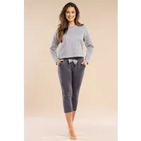 Mademoiselle Sommeil Capri-Pyjama Schlafanzug mit Langarmshirt & Caprihose – Ringel-Design in Grau-Weiß (2 tlg) aus 100% feiner Baumwolle