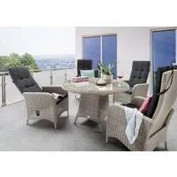 Destiny Garten-Essgruppe PALMA LUNA 4 HL + Tisch Ø 100x75cm vintage weiß, (Set, 5-tlg., 4 HL stufenlos verstellb. inkl. Polster, 1 Tisch mt aufgel. Glasplatte), Aluminium, Polyrattan