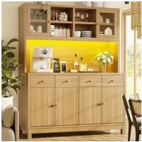 Flieks Küchenbuffet Hochschrank mit App-gesteuerter RGB-LED, Glastüren, 4 Schubladen (mit Arbeitsplatte in Holzoptik, 1-St., 140x40x180 cm) Küchenschrank Mehrzweckschrank mit verstellbare Einlegeböden Natur