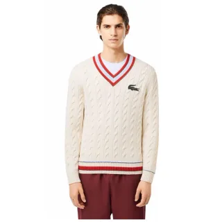 Lacoste - Pullover Top für Herren/Damen Unisex, Gerippter Ärmelaufschlag, Mit Zopfmuster, Regulär (Cremefarbe/Rot)