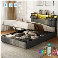 ADWOLT Polsterbett Doppelbett Stauraumbett Mit LED-Licht und USB + Typ-C (Packung, 1-tlg., Jugendbett), 160x200 cm,Bettgestell mit Kopfteil und Lattenrost,Samtstoff - Grau