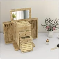 HOMCOM Schmuckkasten Schmuckkästchen mit Spiegel, Schubladen und seitlichen Klapptüren (Schmuckbox, 1 St., Schmuckschatulle), für Ringe, Ohrringe Braun
