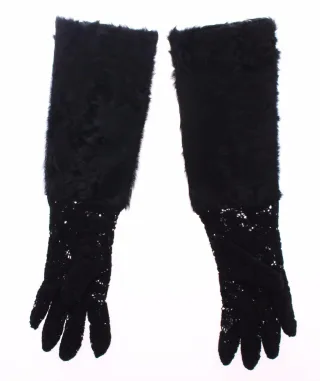 Dolce & Gabbana Schwarze Spitzen-Woll-Lammfell-Futter-Handschuhe für Damen