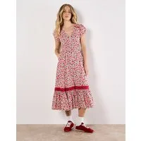 Apricot Druckkleid Ditsy Floral Button Down Midikleid mit Volant und Spitze