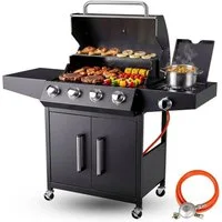 TLGREEN Gasgrill 4+1 Brenner,15 kw Gas Grillwagen BBQ mit Seitenkochfeld, Standgrill DE I3B/P(50) Gasdruckregler, Grillküche Camping Garten(Butan/Propan)