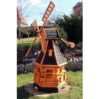Holzdekoladen Deko-Windrad Holz Windmühle mit Solarlicht Weiß – Garten Deko wetterfest