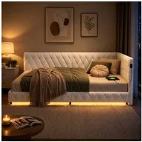 Simurq Polsterbett Daybett mit LED-Beleuchtung & USB, Tagesbett Jugendbett (Packung, 1-tlg., Teddysamt, in 2 Größen verfügbar), Schlafsofa Sofabett Doppelbett