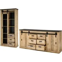 Home affaire Wohnwand Sherwood, Anbauwand im Industrial-Style, Komplettset, Wohnzimmer-Set, (2-St), enthält Vitrine und Sideboard, Scheunentorbeschlag & Apothekergriff