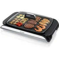 Arendo Tischgrill Elektrogrill, Glasdeckel, Edelstahl, extrastark, Antihaftbeschichtet, 2000 W, stufenlose Temperaturregelung, für Balkon, Garten & Indoor