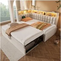 Odikalo Schlafsofa Schlafcouch Tagesbett 90x200 mit LED, Leinen Polsterbett 90x200 mit Ausziehbett 90x190, LED, Bluetooth-Lautsprecher, USB & Type-C Ladeanschluss, L-Kopfteil mit Stauraumregal, Schlafsofa/Gästebett, Beige / Grau, ohne Matratze