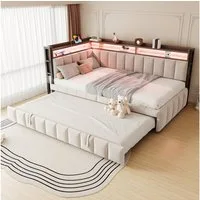 Flieks Daybett, LED Polsterbett Schlafsofa 90x200cm mit Aufladen, Ausziehbett 90x190cm