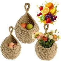 BlingBin Hängekorb Obstkorb Hängend Geflochten, 3 Stück Handgewebt Wandkorb (3er Set, 3 St., Extra groß: 33 × 27 cm, Groß: 28 × 21 cm, Mittel: 25 × 20 cm), Aufbewahrungskorb für Küche Deko, Wohnzimmer, Schlafzimmer