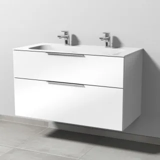 Sanipa 3way Keramik-Set Finion Keramik-Doppelwaschtisch und Unterbau mit 2 Auszügen, Weiß-Glanz UF40378