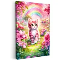 OneMillionCanvasses® Leinwandbild Kätzchen - Rosa - Katze - Regenbogen - Blumen, Fotodruck (1 St), Kinderzimmer Deko, Mädchen und Jungen Bilder 20x30 cm