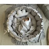 Loolay Bettnestchen Zweiseitig ENGELSNEST XXL Premium WAFFELPIQUE + Decke + Kissen, (XXL Babykokon als Nestchen Ø90cm und als Krabbeldecke Ø155cmals, Kinder Waffel Baumwolle BABYNEST Spielmatte Reisebett Spielunterlage), PREMIUM GESCHENK - 100% Europ