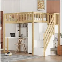 Merax Hochbett (Stauraumtreppe mit Schubladen, 1-St., Jugendbett Einzelbett Holzbett Etagenbett) Kieferholz Kinderbett 90x200cm mit großem Kleiderschrank,Regal & Tisch