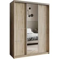 Masseno Schwebetürenschrank VARO 150 cm Kleiderschrank mit Spiegel 3 Türen Eiche Sonoma