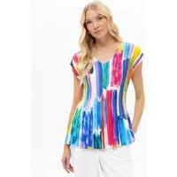 Passioni Plisseeshirt in bunt mit V-Ausschnitt Sommer T-Shirt in bunt mit Plissé Einheitsgröße (36-50)