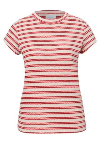 Street One - Gestreiftes T-Shirt mit Strukturmuster und Rundhalsausschnitt beige/rot - Gr. - 34