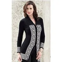 Passioni Longstrickjacke in Schwarz mit einem ecrufarbenen griechischen Schlüsselmuster