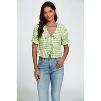 FS Collection Kurzarmbluse Damen Sommerbluse Freizeitbluse Karobluse Cropped Bluse Rüschen (XS (EU:36 / UK:8) · S (EU:38 / UK:10) · M (EU:40 / UK:12) · L (EU:42 / UK:14) · XL (EU:44 / UK:16) Karomuster, Cropped Schnitt, Bindeband vorne, 100% Baumwoll