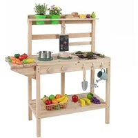 COSTWAY Outdoor-Spielküche Holz, Spielküchelset mit Herd, Spüle, Blumentöpfen & Tafel