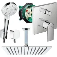 Hansgrohe und Jowi Duscharmatur Vernis Shape, Unterputz Duschsystem mit Kopfbrause, Deckenanschluss (Unterputz-Duschsystem, Set) Kopfbrause und Deckenanschluss aus Edelstahl