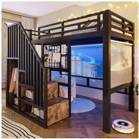 Flieks Hochbett projektoraufhängbar Metallbett 90x200cm mit Lichtstreife, Gitter und Stauraumtreppe
