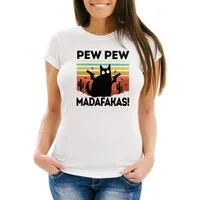 MoonWorks Print-Shirt Damen T-Shirt Pew Pew Madafakas! schwarze Katze Spruch Meme Frauen Fun-Shirt lustig Moonworks® mit Print