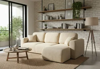 Ecksofa mit Schlaffunktion BRUSK Sofa in Stoff Pop Creme Ottomane Rechts