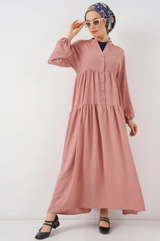 V-Ausschnitt mit Knopfverschluss, lockeres Maxi-Kleid