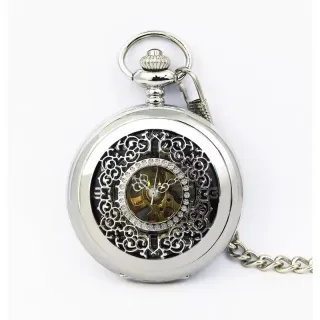 Taschenuhr mit Skelett-Halbjäger-Motiv, Messing, Antik-Silberlegierung