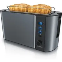 Arendo Toaster Edelstahl, Langschlitz, Display mit Restzeitanzeige, Krümelschublade, 2 lange Schlitze, für 4 Scheiben, 1500 W, Defrost Funktion, Wärmeisolierendes Gehäuse, mit Brötchenaufsatz