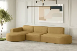 Ecksofa Designersofa PALMA in Stoff Scala Senfgelb Ottomane Links