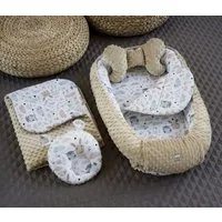 Loolay Bettnestchen Hase BEIGE Weiß/ MINKY Fleece 5 TLG SET Babynest Babyausstattung, (Nestchen SET PREMIUM Geschenk SETS für Neugeborene, 5-tlg., Neugeborene Nestchen, Babynestchen, Reisebett Unterlage), NESTCHEN + DECKE + MATRATZE + Bärchen + Schme