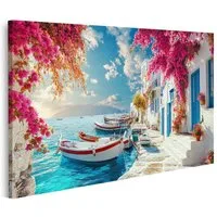islandburner Leinwandbild, Idyllische griechische Küstenstadt mit blühenden Bougainvilleas