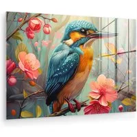 MuchoWow Acrylglasbild Eisvogel - Blüte - Natur - Vögel - Blumen, Inkl. Aufhängung, Glasbilder Wohnzimmer, Schlafzimmer, Flur & Esszimmer, 30x20 cm