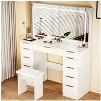 oyajia Schminktisch Kosmetiktisch mit Hocker & LED-Beleuchtung (Einstellbare drei Farbtemperaturen, um Ihr perfektes Make-up zu präsentieren), Mit 11 Schubladen,Steckdosen,Großer Spiegel