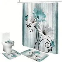 Agger Duschvorhang 4-teiliges Duschvorhang-Set,Wasserfest und rutschfest, mit Haken (4-tlg), mit Badematte, Toilettensitzauflage und U-förmiger Badematte