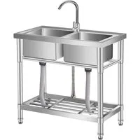 GarveeMore Edelstahlspüle Doppelspülbecken aus Edelstahl, 2 Becken mit herausziehbarer Armatur, für Küche, Camping und Außenbereich