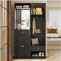 Odikalo Kleiderschrank Garderobenschrank mit Spiegel,Sitzbank,Schuhschrank MDF (3D-Ovaltüren,höhenverstellbare Einlegeböden,offene Ablage,Kleiderhaken,Eisengriffe)