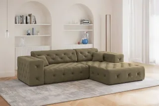 Ecksofa Designersofa CHANTAL in Stoff Moly Grün Ottomane Rechts