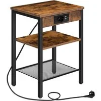 Hoobro Beistelltisch Nachttisch mit Steckdose & 2 USB 3 Ablagen, vintagebraun (1 Beistelltisch), mit integrierter Steckdose, mit 2 USB-Anschlüssen, platzsparend