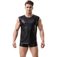 Lau-Fashion T-Shirt Muskelshirt Lack Leder Wetlook Body Unterhemd Schwarz Strip Gogo M/XL