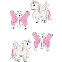 Limana Ohrstecker-Set 925 Silber Einhorn Pferde Schmetterling Kinderohrringe Kinderschmuck, Glitzer